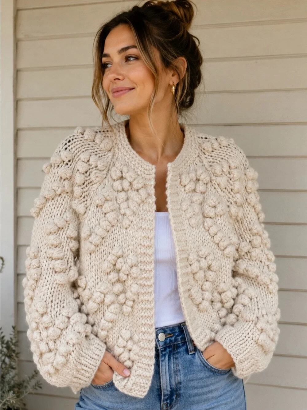 Chicwish Cream Chunky Knit Pom Pom Oversized Cardigan Medium NWT